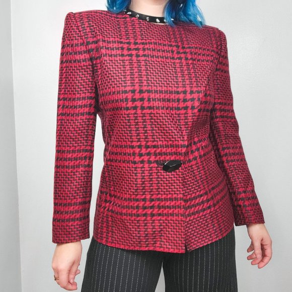 Vintage 90s Red & Black Houndstooth Blazer Jacket - Picture 4 of 8